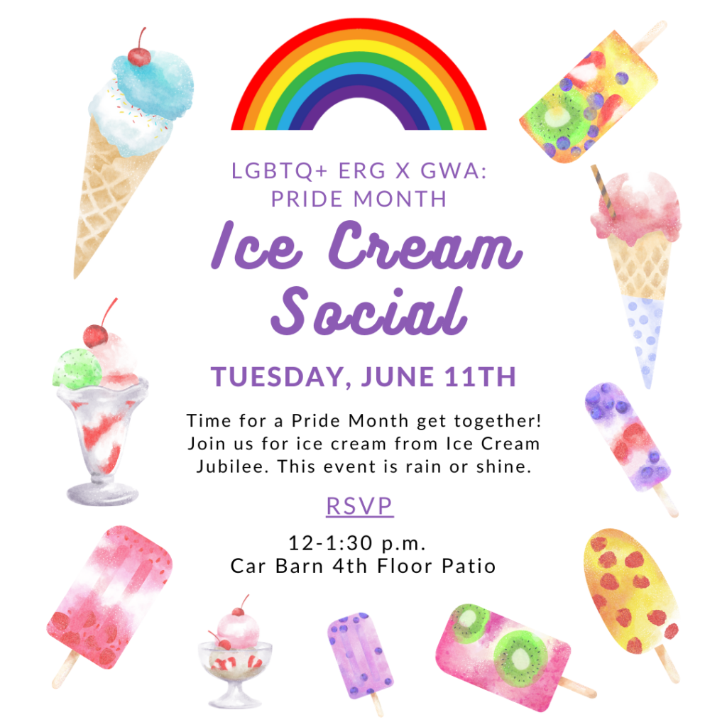 Event info text with ice cream and rainbow decorations.