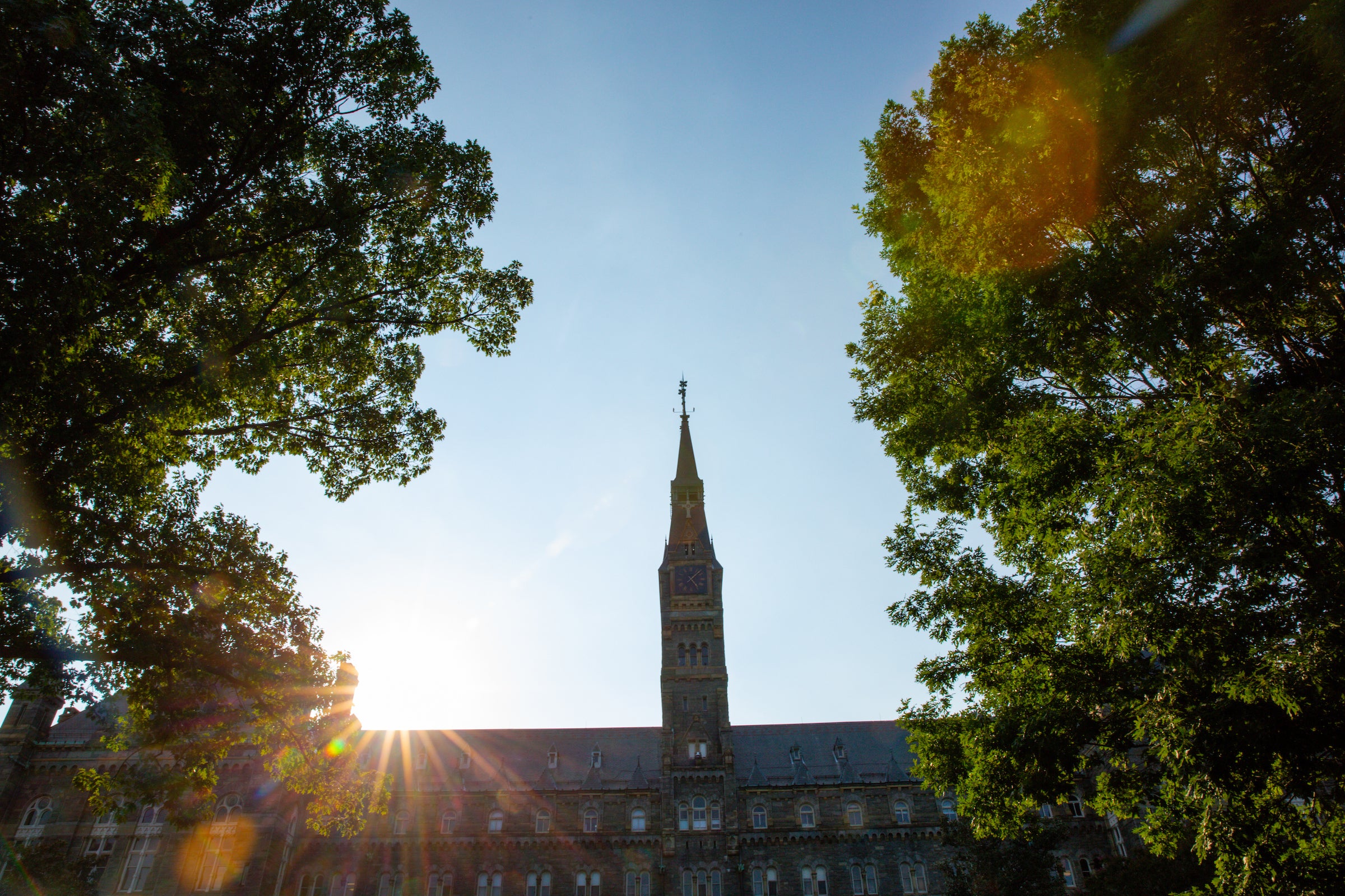 Healy Hall Tower with sun rising behind it.